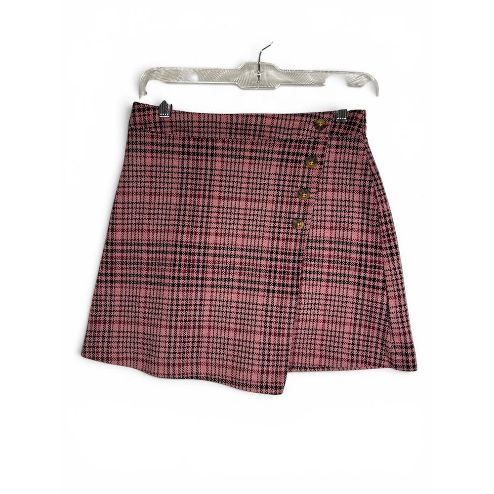 SELFIE Pink Plaid Mini Skirt Faux Wrap Button Detail A-Line Size Medium Womens